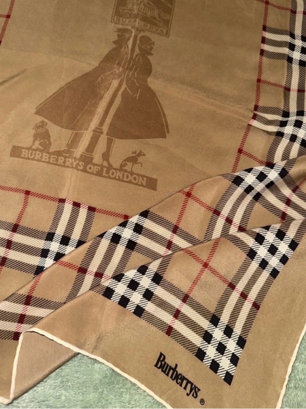 Burberrys Vintage Silk Square Scarf Beige Tartan Check Designer S239